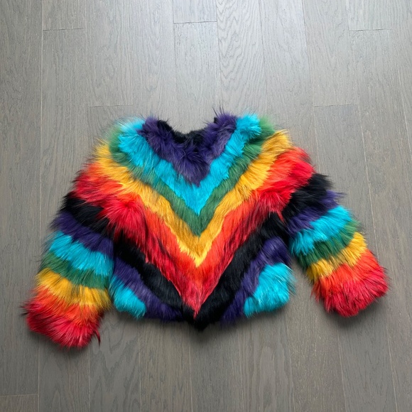 Alice + Olivia FAWN Rainbow Fur Jacket Pride - Size Small - Picture 3 of 11